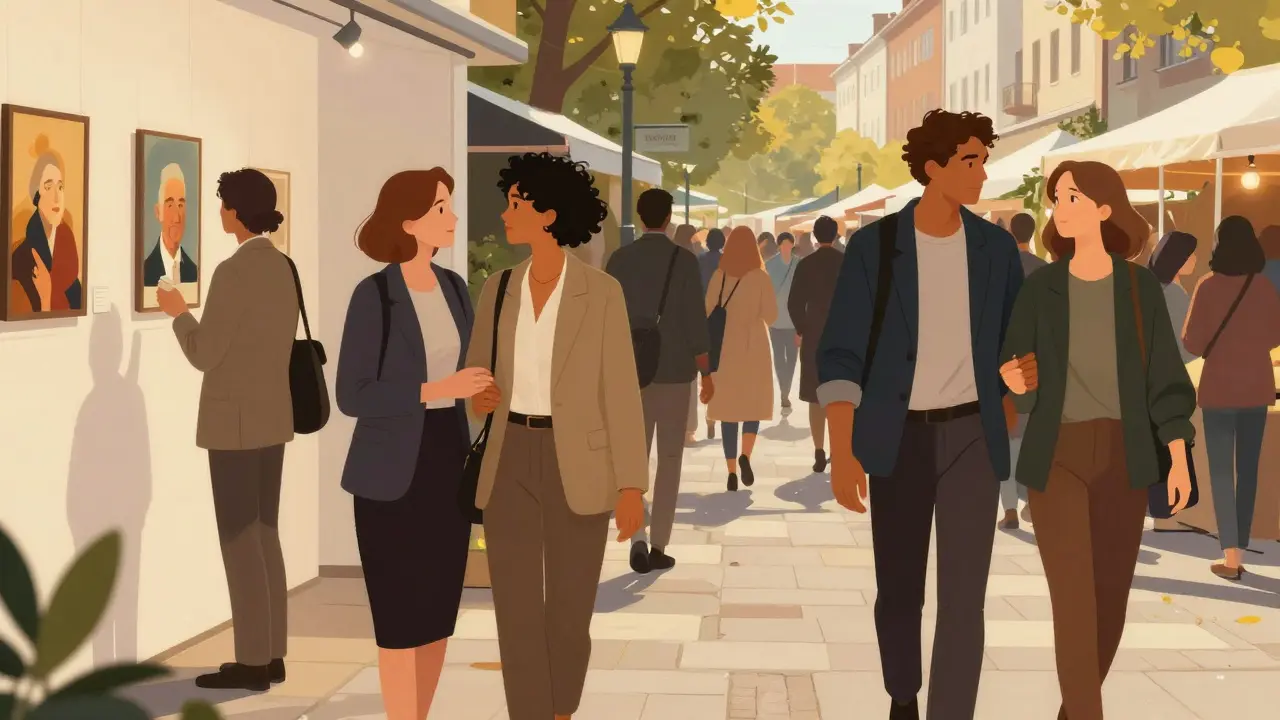 A diverse group of people enjoying cultural activities in Berlin, highlighting emotional connection and social normalcy.