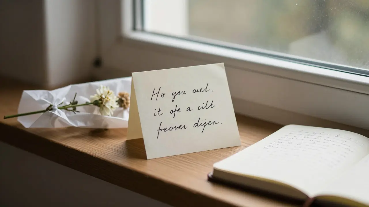 A handwritten note and pressed flower resting on a windowsill, symbolizing a thoughtful, personal moment.