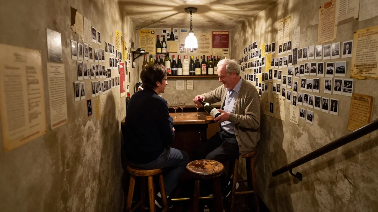 A hidden cellar wine bar beneath a Parisian building, with walls covered in old wine labels and an elderly owner pouring wine for a guest.