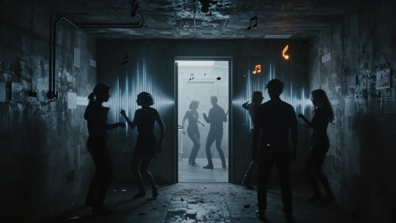 A hidden underground club door in a dark alley with abstract sound waves radiating from within.