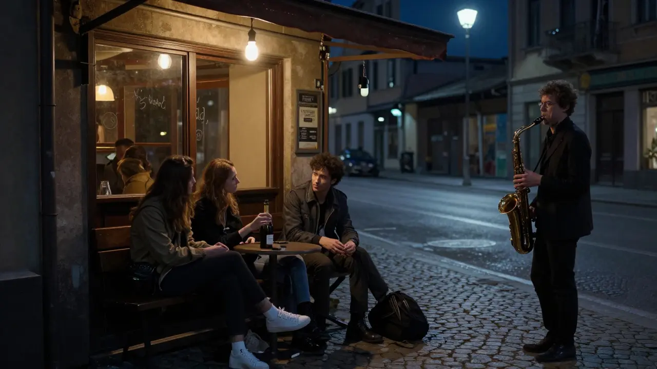 A musician packing up his saxophone under a single light as friends share prosecco on a bench at 3 a.m. in Milan.