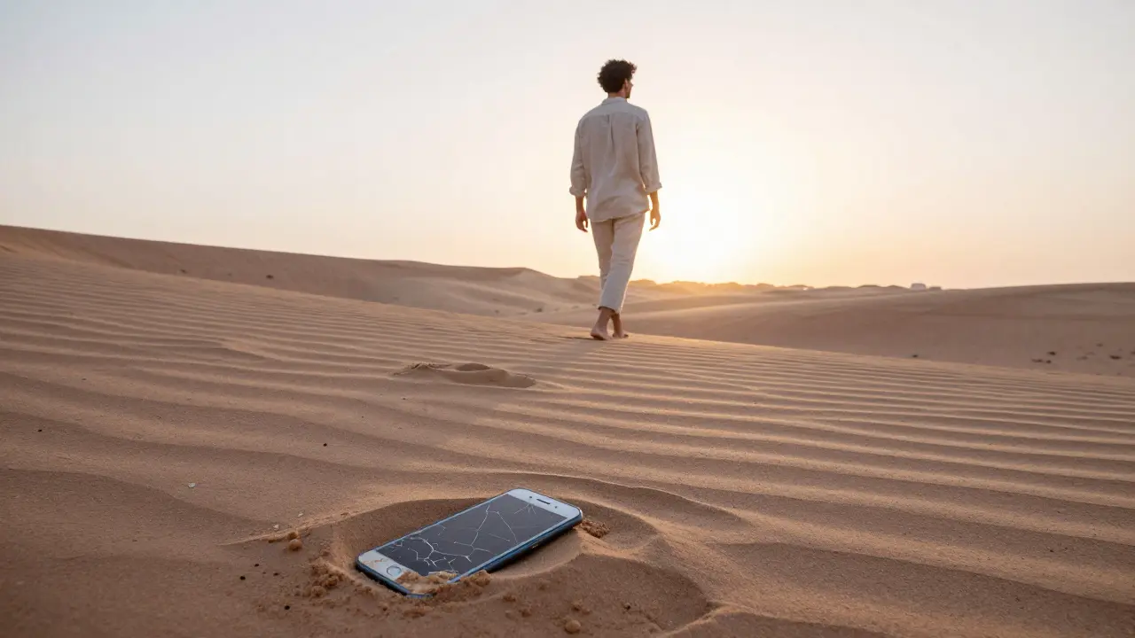 A person walking alone at sunrise in the Dubai desert, a discarded cracked phone half-buried in the sand.