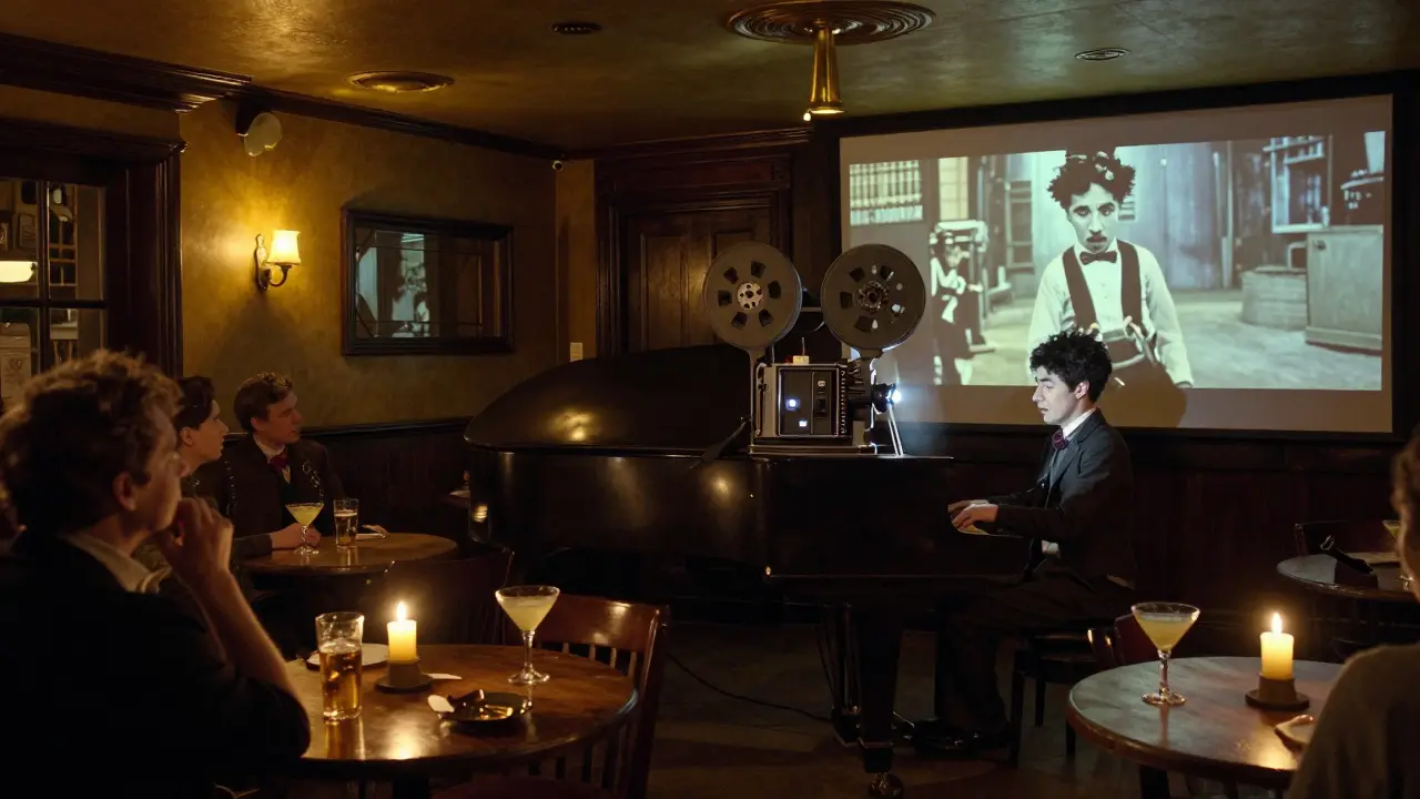 A pianist performs live to a silent film in a historic pub, patrons captivated by the screen.