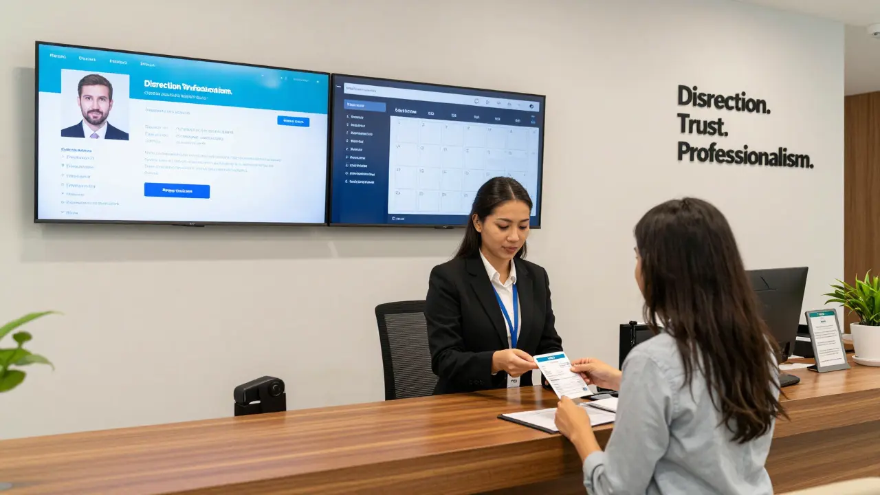 A professional escort agency office in Dubai with staff verifying client ID, displaying a clean, organized, and trustworthy environment.