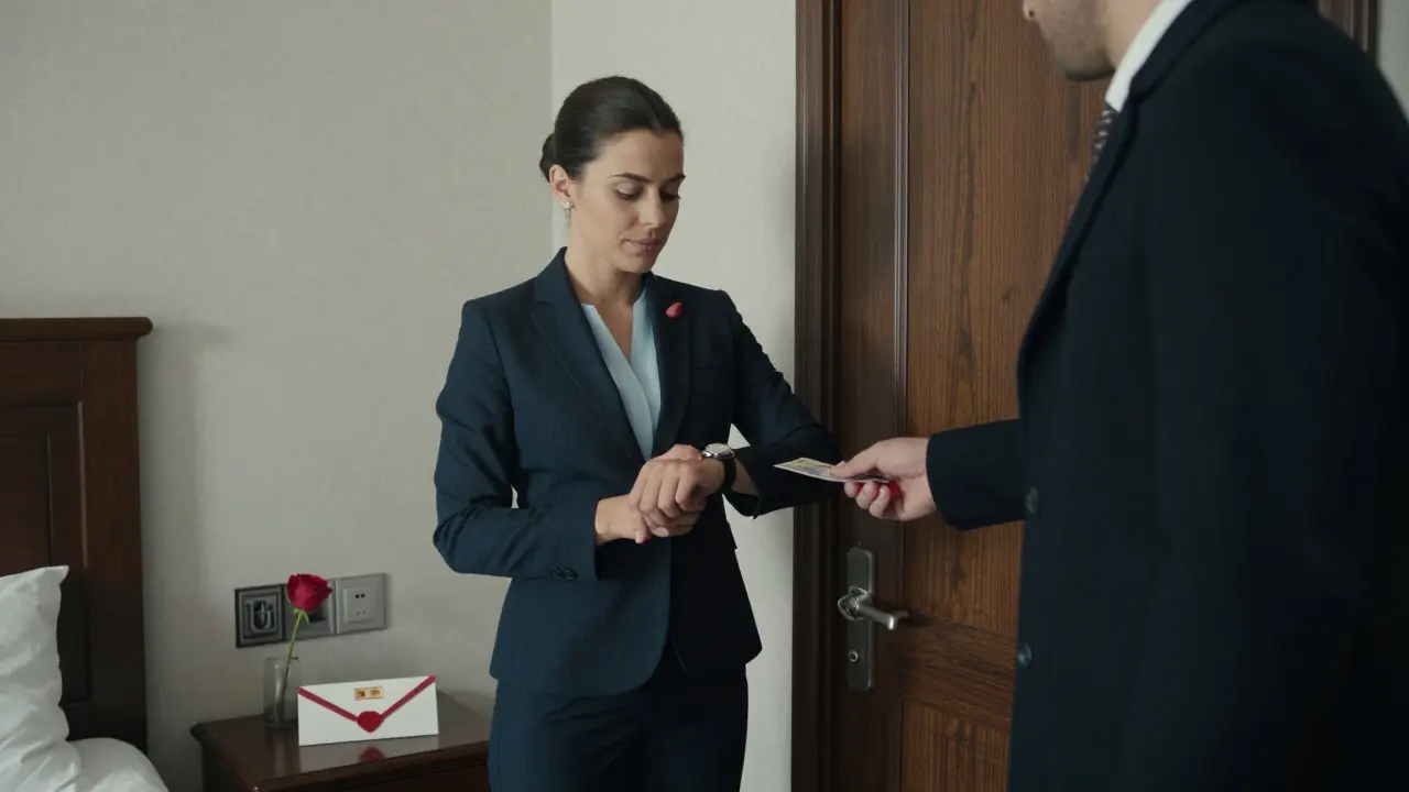 A professional escort receiving payment politely at the door of a hotel room.