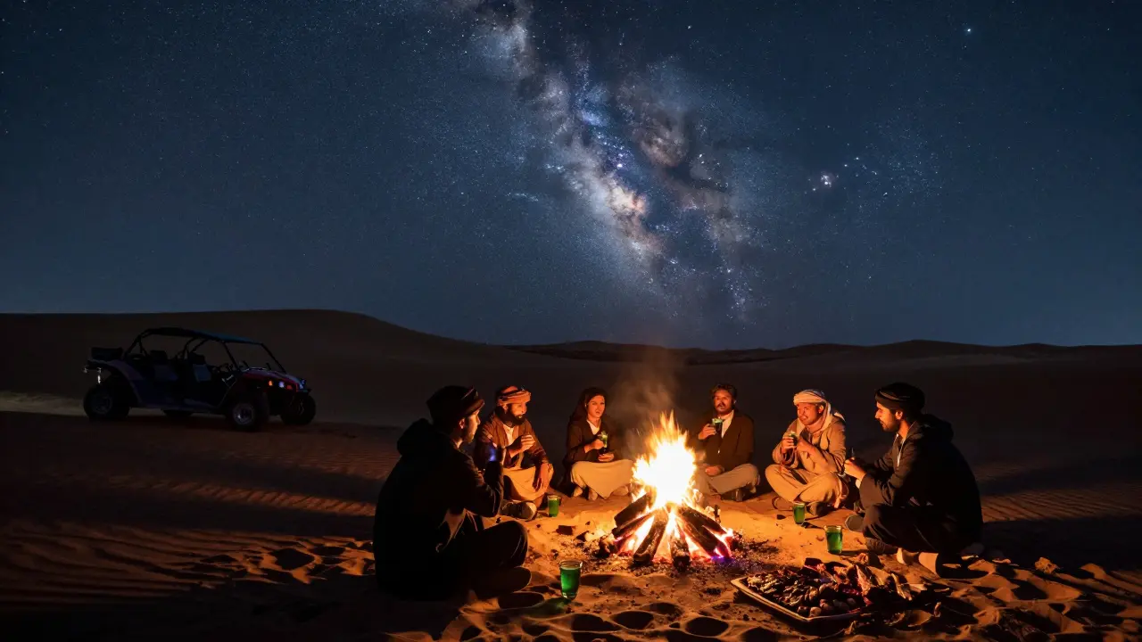 A quiet desert bonfire under a starry sky with people sitting around glowing embers.