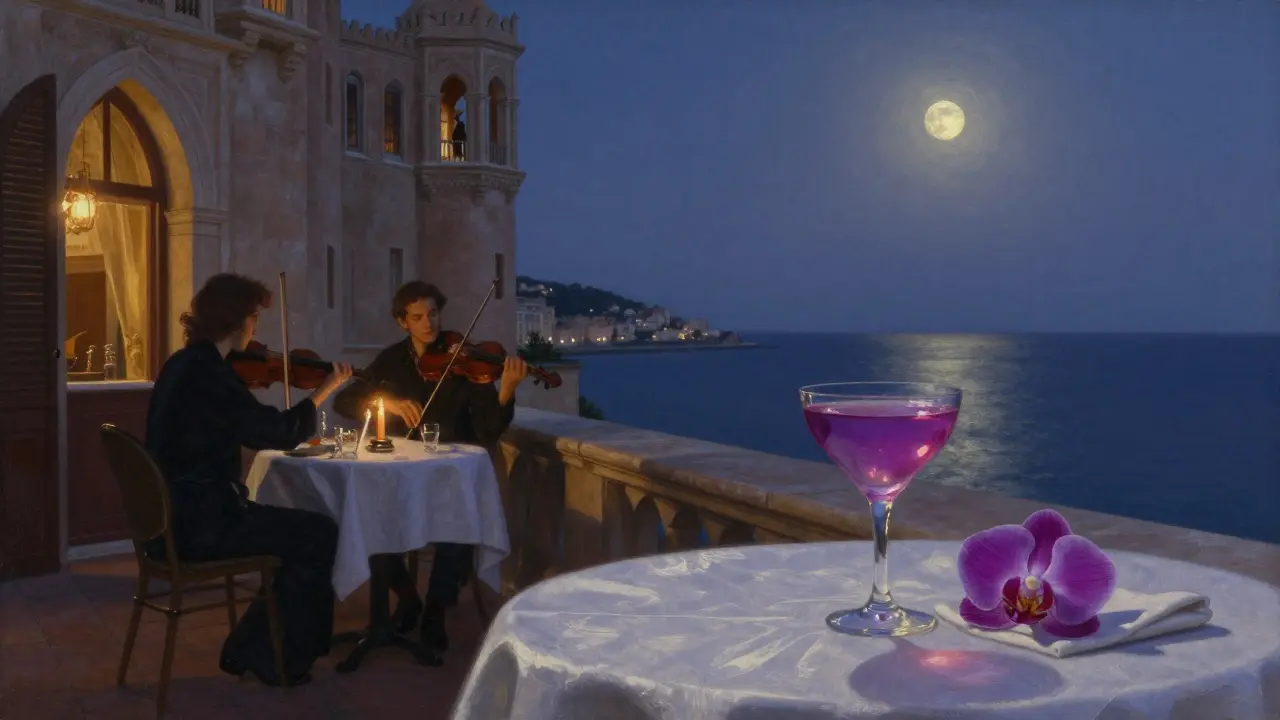 A quiet terrace at Bar Le Louis at twilight, two people sharing a moment with a string quartet and the sea in the distance.
