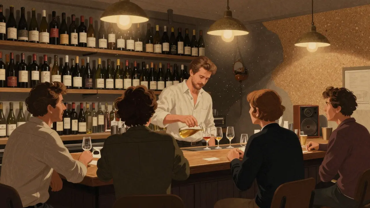 A quiet wine bar where professionals sip samples of natural wines, surrounded by shelves of bottles and vintage jazz playing softly.