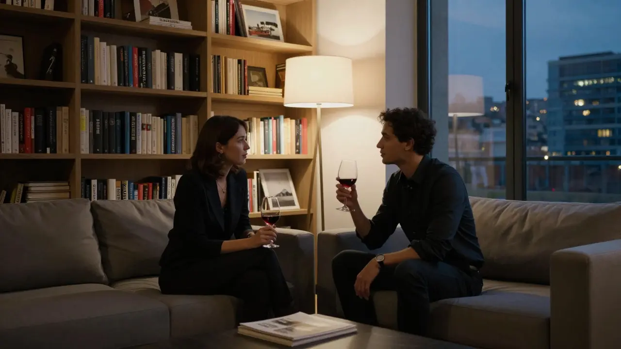 A respectful conversation between a client and escort in a refined Milanese apartment.