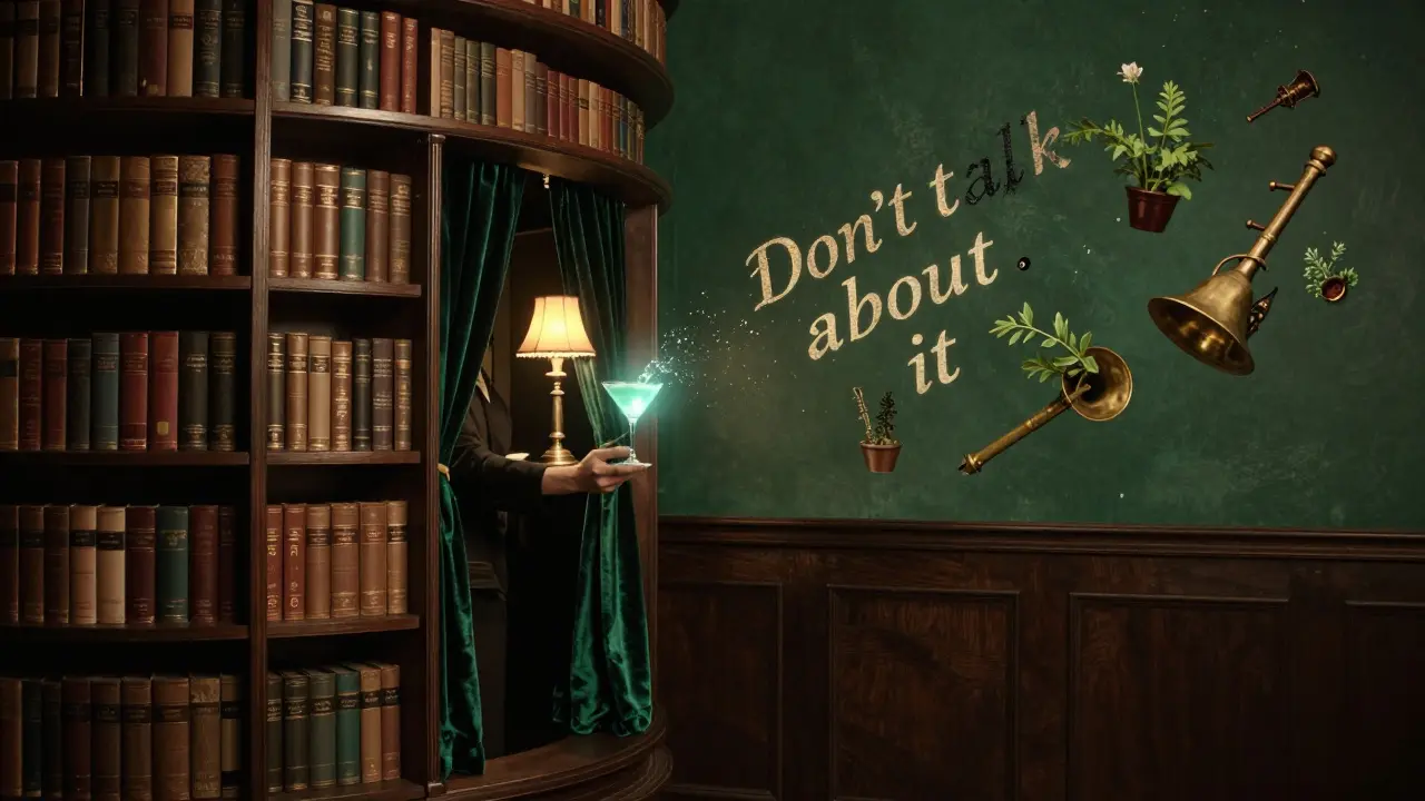 A rotating bookshelf reveals a secret doorway to a speakeasy with a glowing cocktail and floating text.