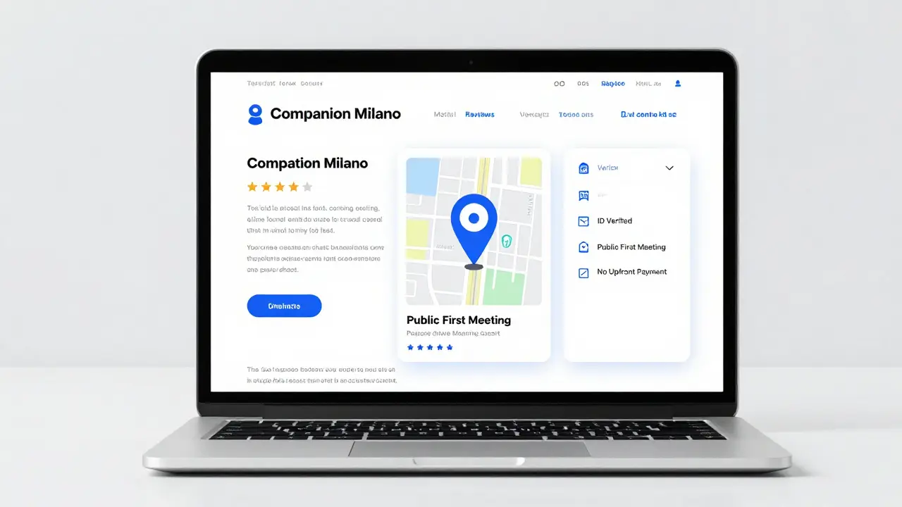 A secure booking interface for professional companionship services in Milan with safety verification markers.