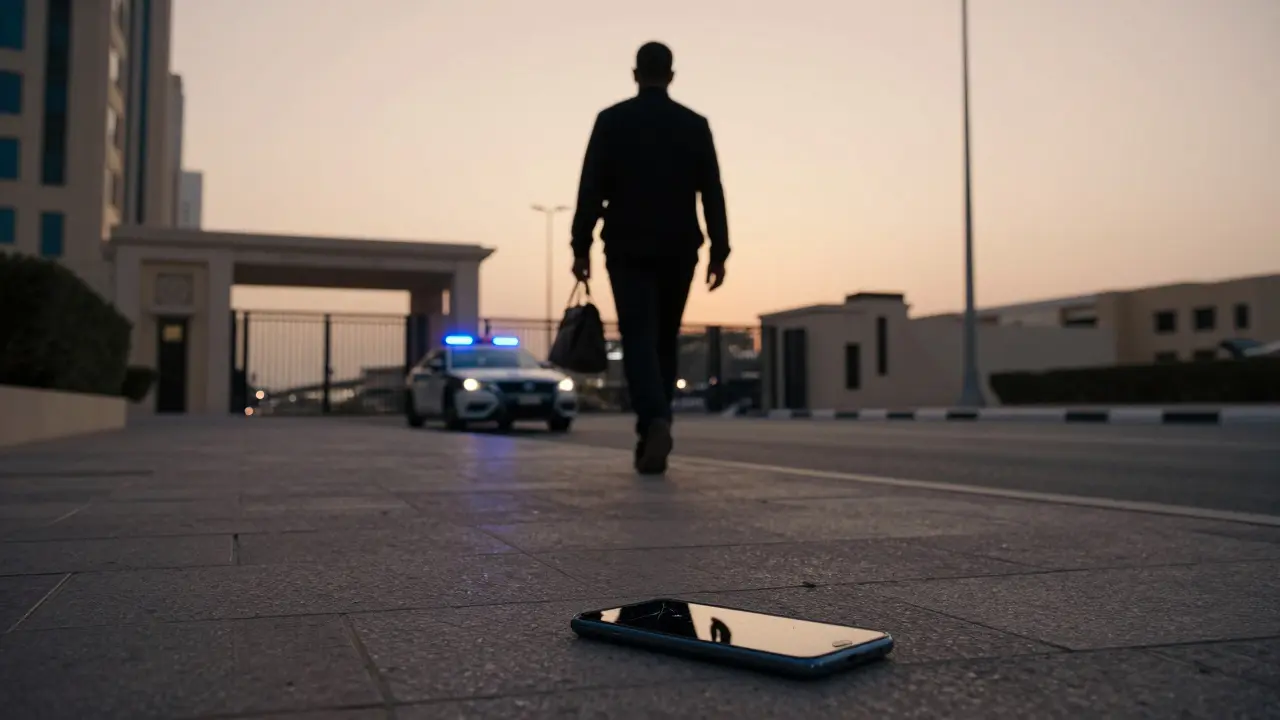 A shadowy figure walking away from an apartment building as a police car shines blue lights at dawn.