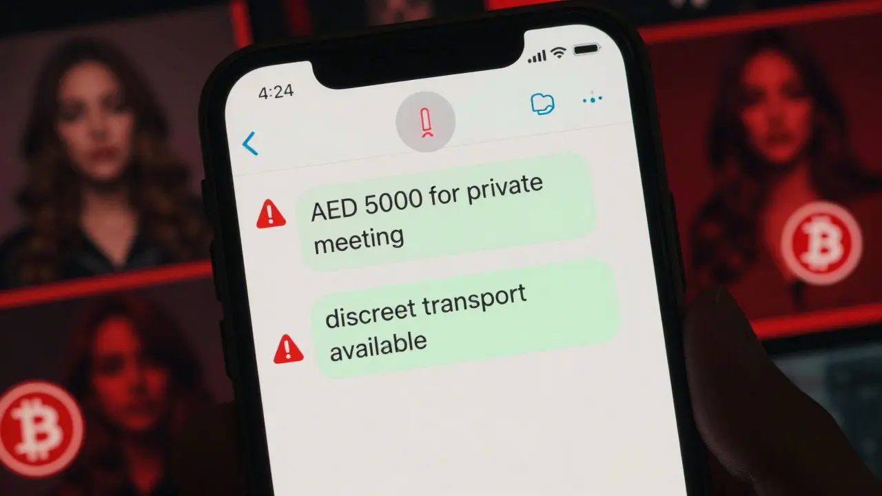 A smartphone screen showing suspicious escort service messages with red warning symbols and cryptocurrency logos in the background.