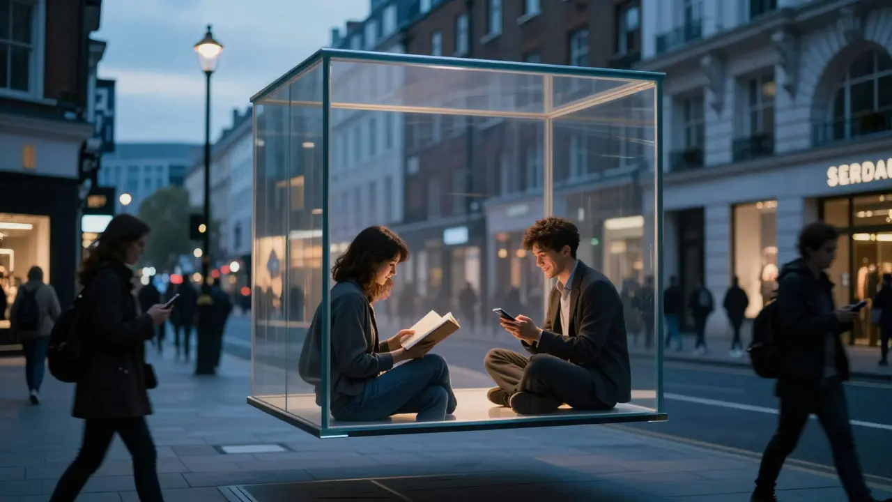 A solitary woman inside a glass cube, accompanied by a companion, while strangers pass by disconnected outside.