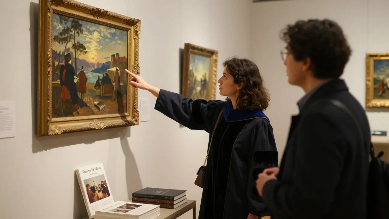 A woman in an art gallery explaining a painting to a client, books and exhibits visible in the background.