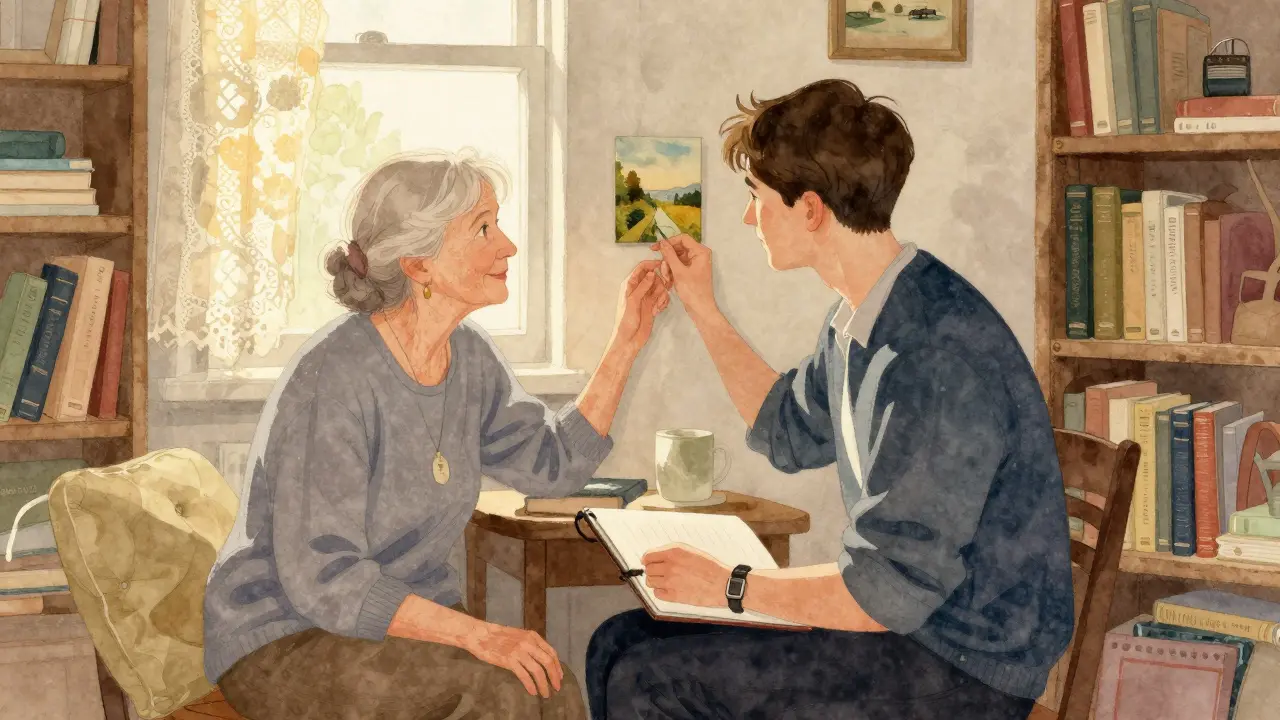 An elderly woman and a young companion discussing art in a sunlit Camden flat.