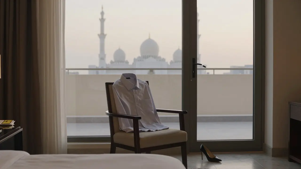 An empty luxury hotel room at dawn, with cash and a shoe left behind, overlooking a mosque.