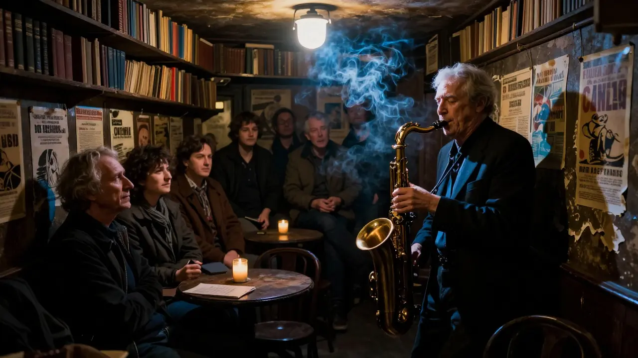An intimate jazz cellar in Saint-Germain-des-Prés with an elderly saxophonist playing under a single spotlight.