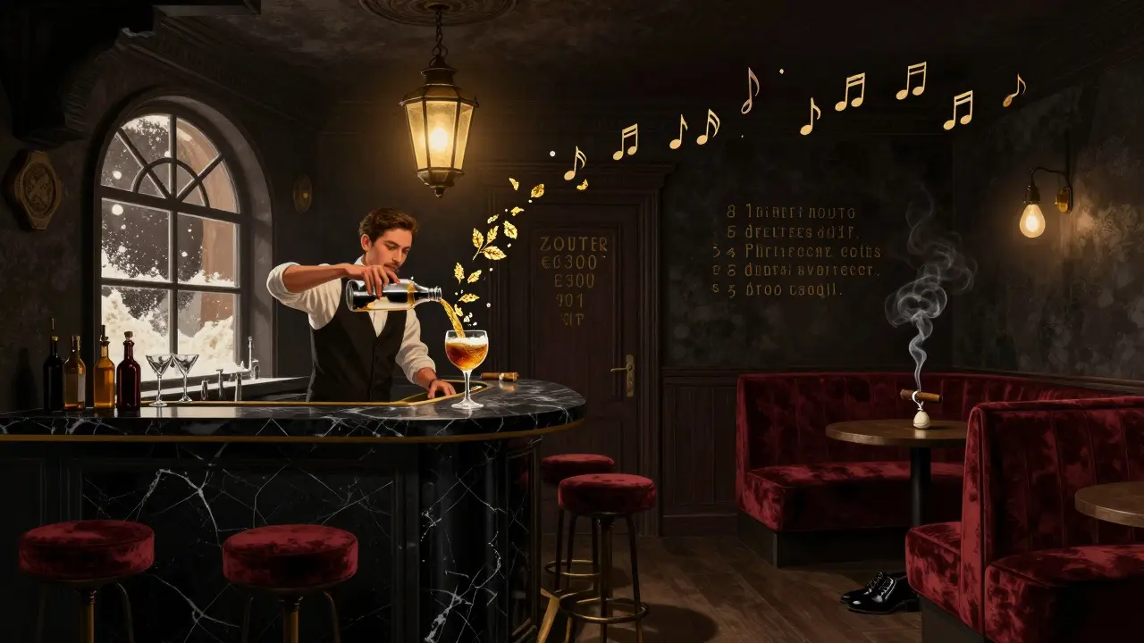 An underground jazz lounge with a black marble bar and a single cocktail glowing with gold leaf.