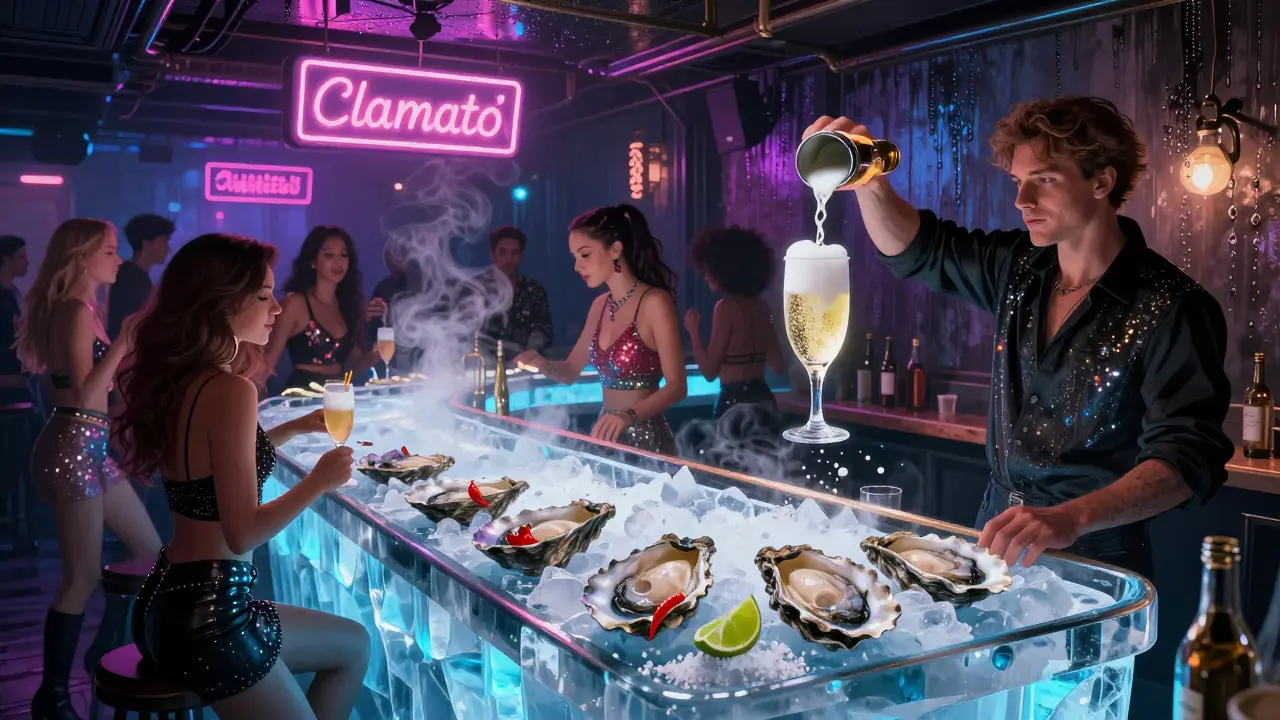 An underground oyster bar turned dance club with glowing ice counters and a crowd dancing to techno beats.