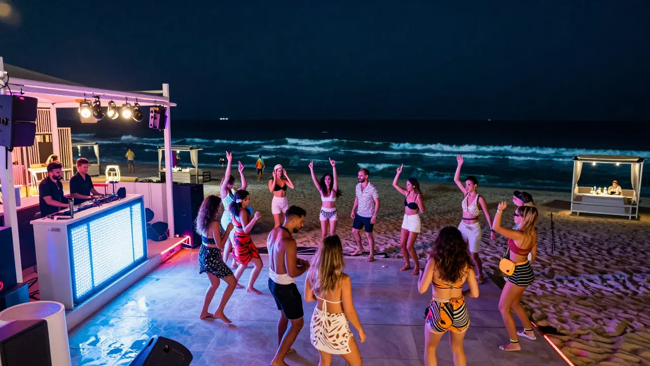 Beachfront club with neon lights and crowd dancing around a pool under midnight sky.