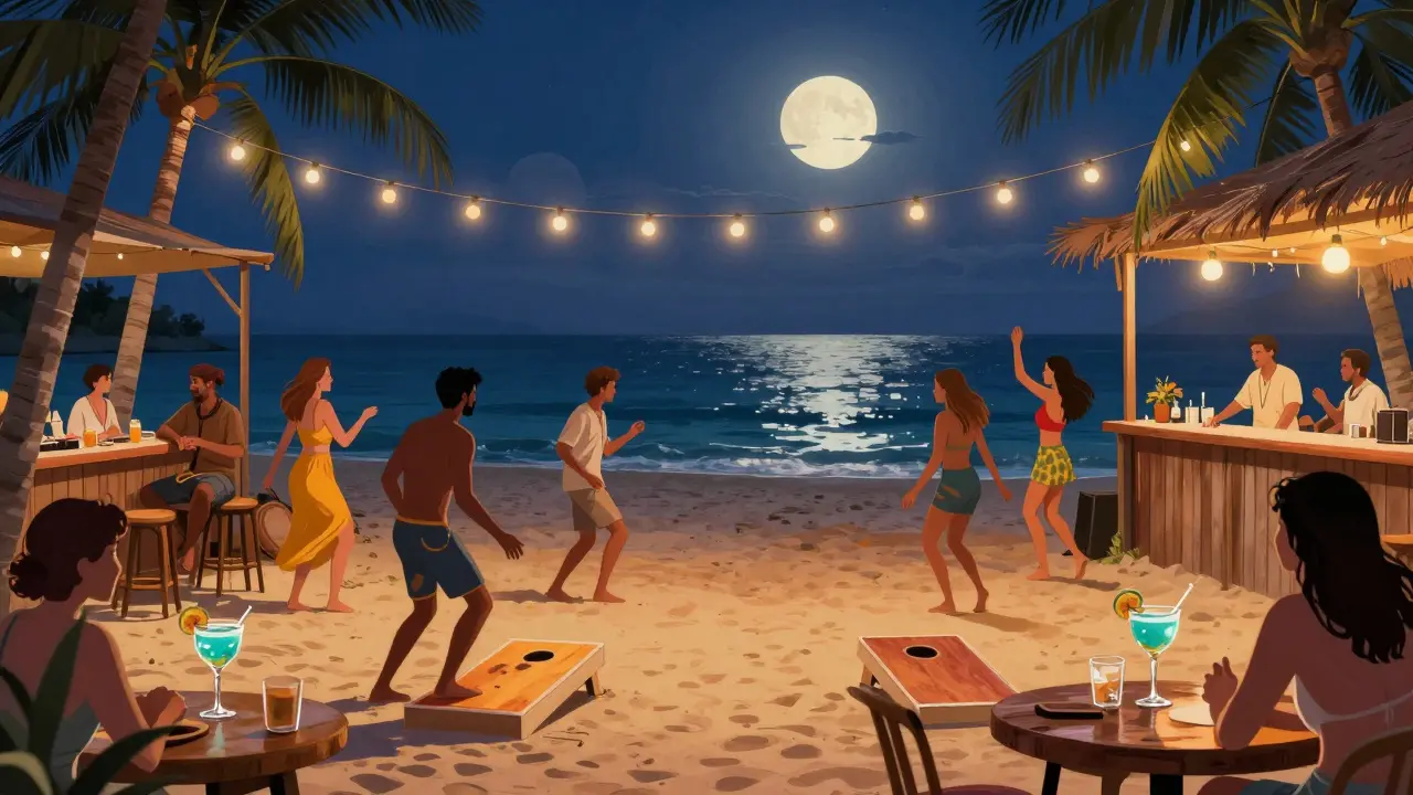 Beachside Barasti bar with guests dancing barefoot to reggae under palm trees and string lights.