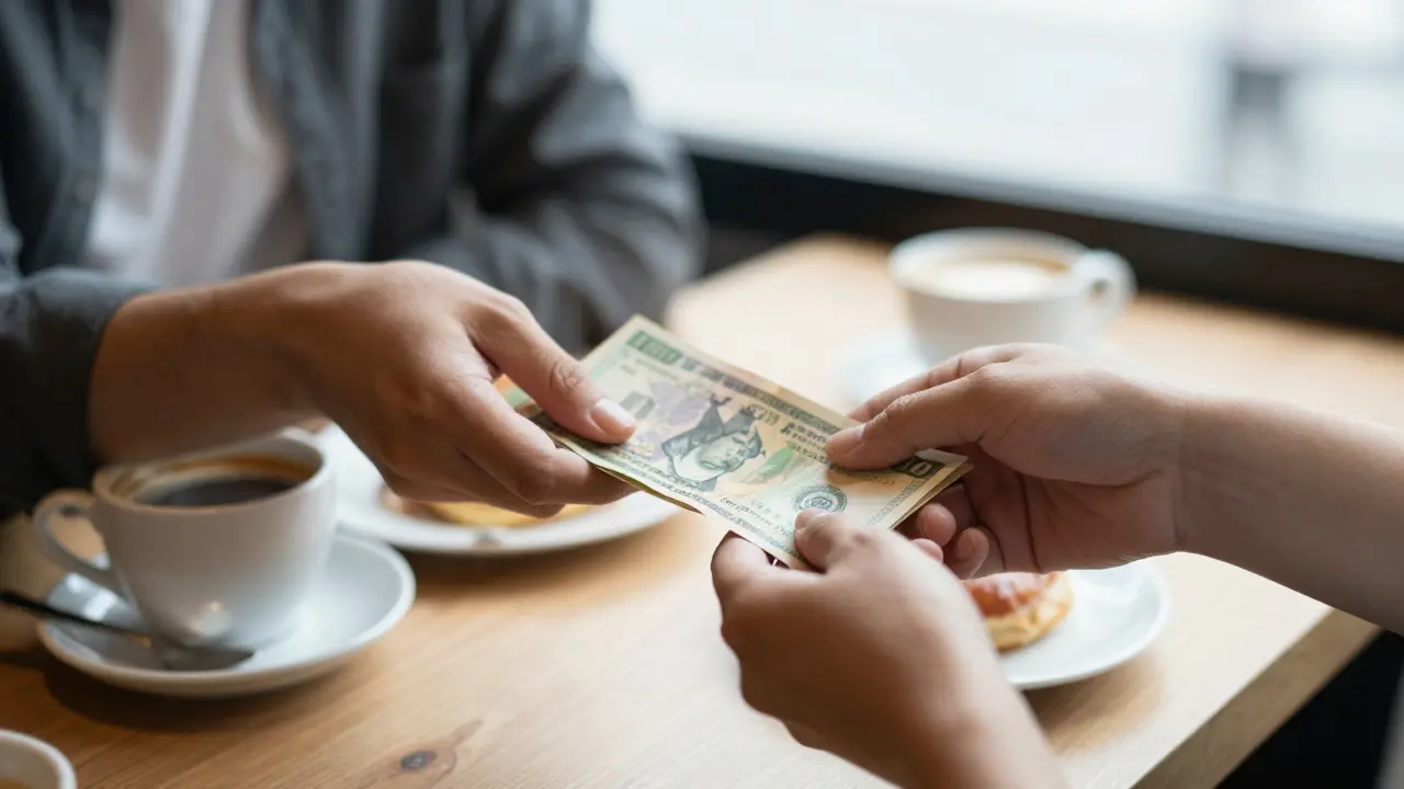 Close-up of hands exchanging folded cash in a busy café.