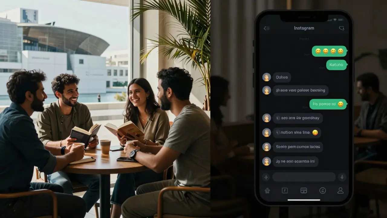 Contrasting scenes: expats socializing at a café versus a private message screen with financial emojis.