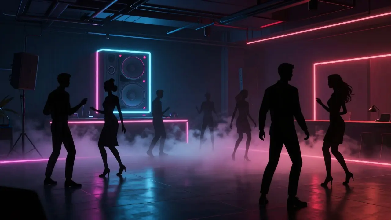 Dancers in stylish attire under neon lights inside a sleek electronic music club.