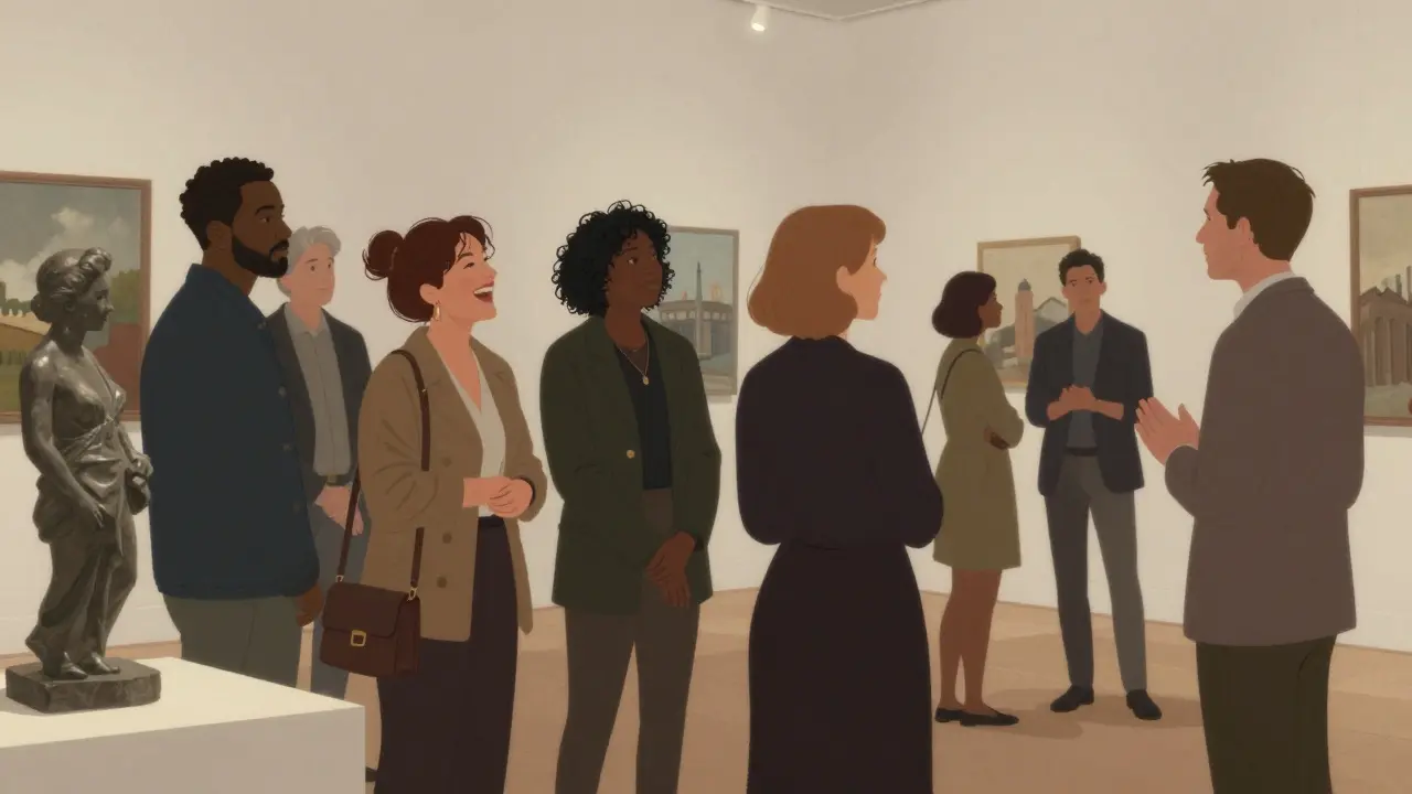 Diverse Londoners enjoying art at a gallery, each accompanied by a companion in a respectful, non-romantic setting.