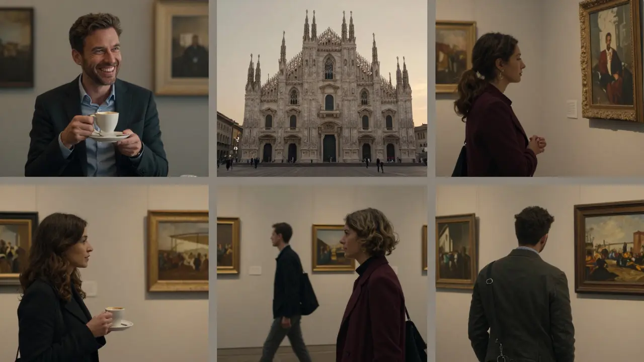 Diverse travelers sharing meaningful, non-sexual moments with companions across Milan’s iconic neighborhoods.