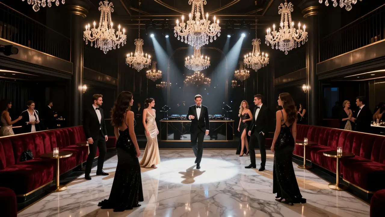 Elegant guests at luxury Armani Privé nightclub with crystal chandeliers.