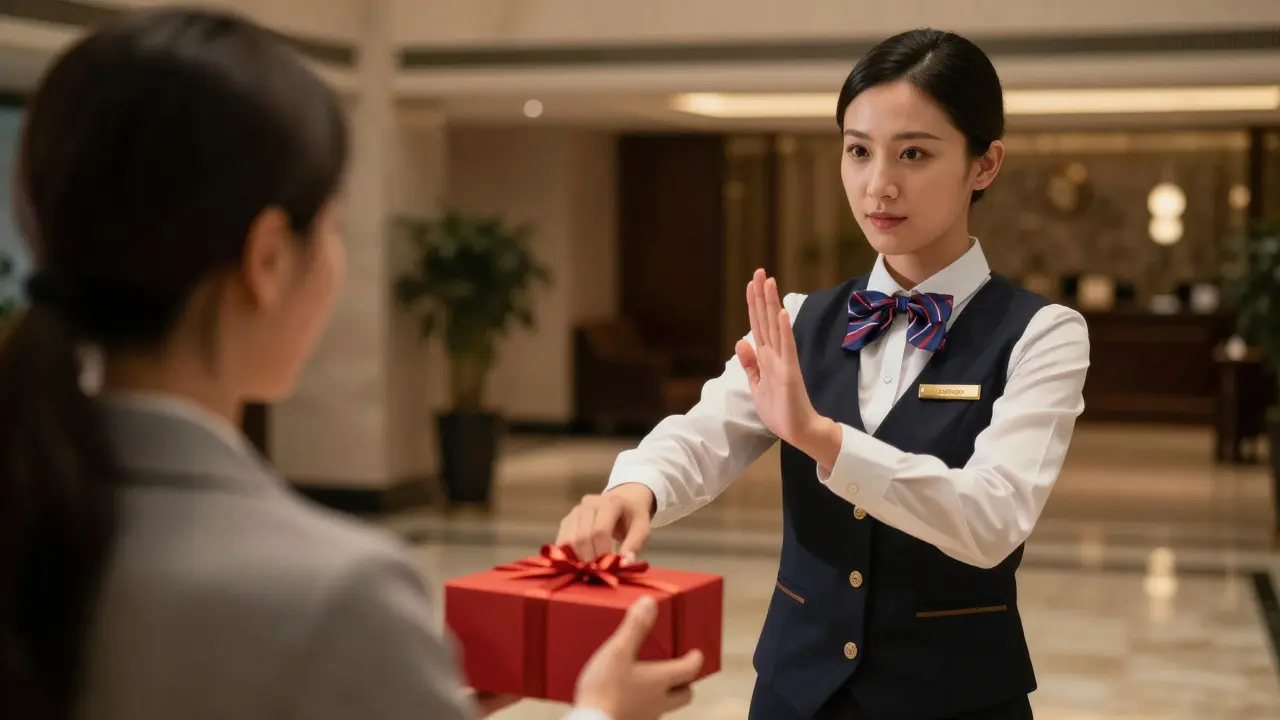 Escort politely declining a gift in a high-end hotel lobby with raised hand.