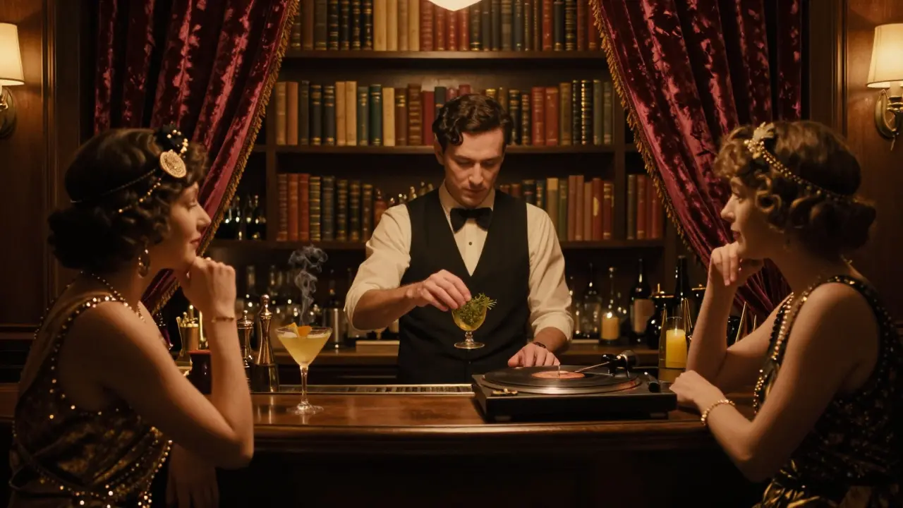Hidden speakeasy behind a bookshelf, dimly lit with velvet curtains and a bartender mixing a cocktail by candlelight.