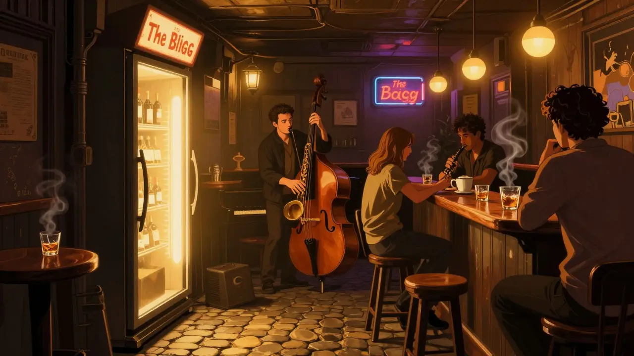 Intimate jazz bar with musicians playing and patrons enjoying drinks in warm, dim lighting.