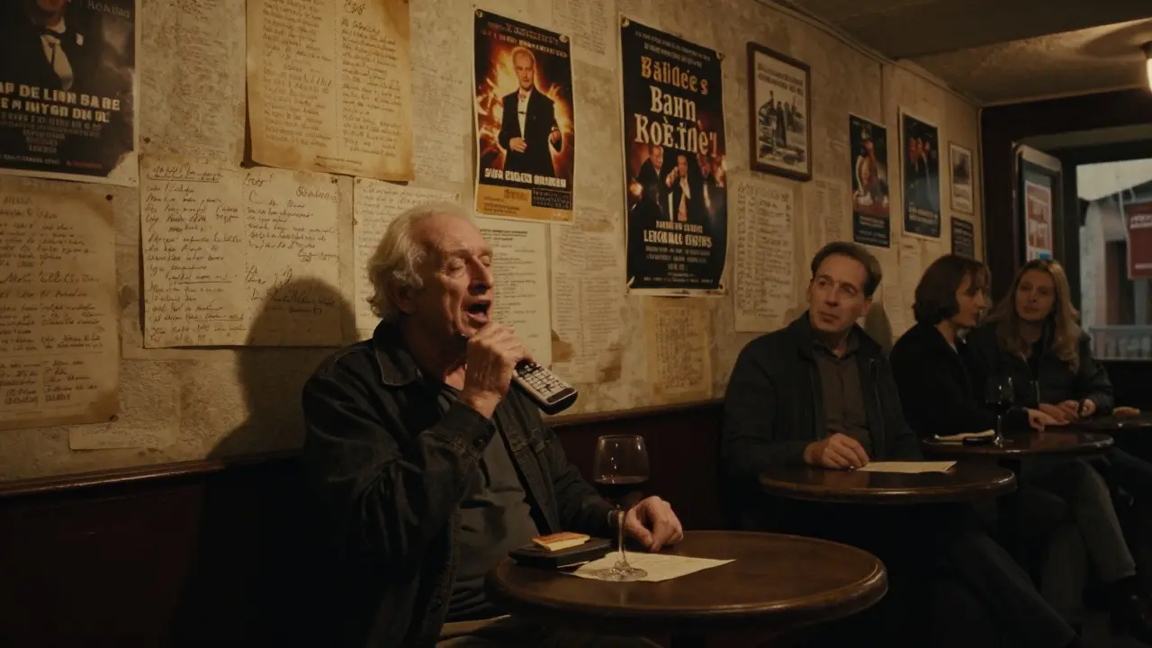 Intimate Montmartre karaoke bar with handwritten lyrics on walls and an elderly man singing into an old mic.