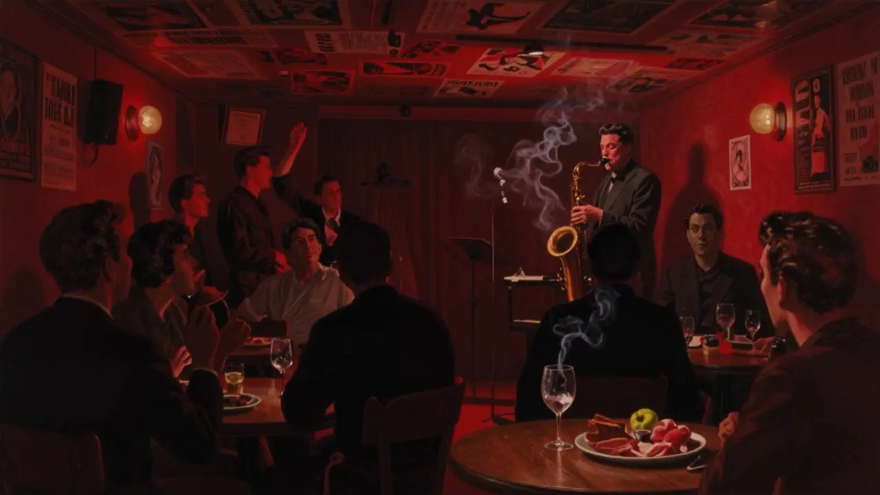 Jazz musicians performing in a small, intimate club with dim red lighting and packed patrons.