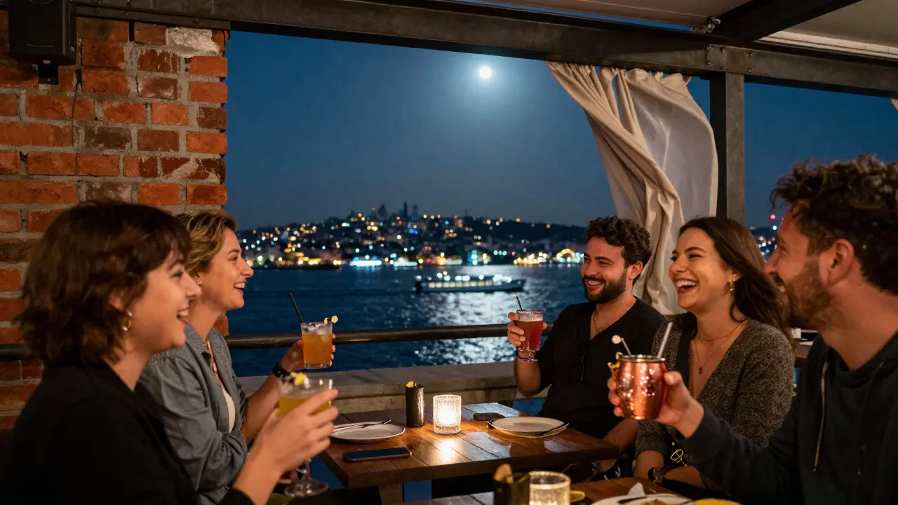 Karaköy Life rooftop at midnight with city lights below, friends enjoying cocktails under exposed steel beams and warm ambient glow.