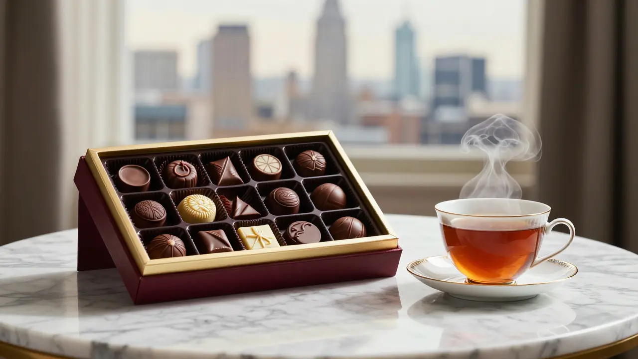 Luxury chocolate box and tea cup on marble table with London skyline view.