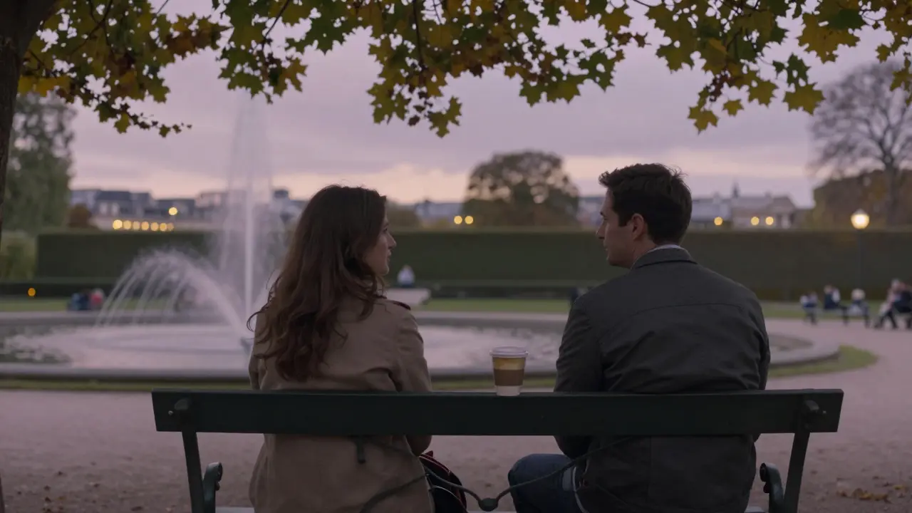Man and woman sitting peacefully on a bench in Luxembourg Gardens at twilight.
