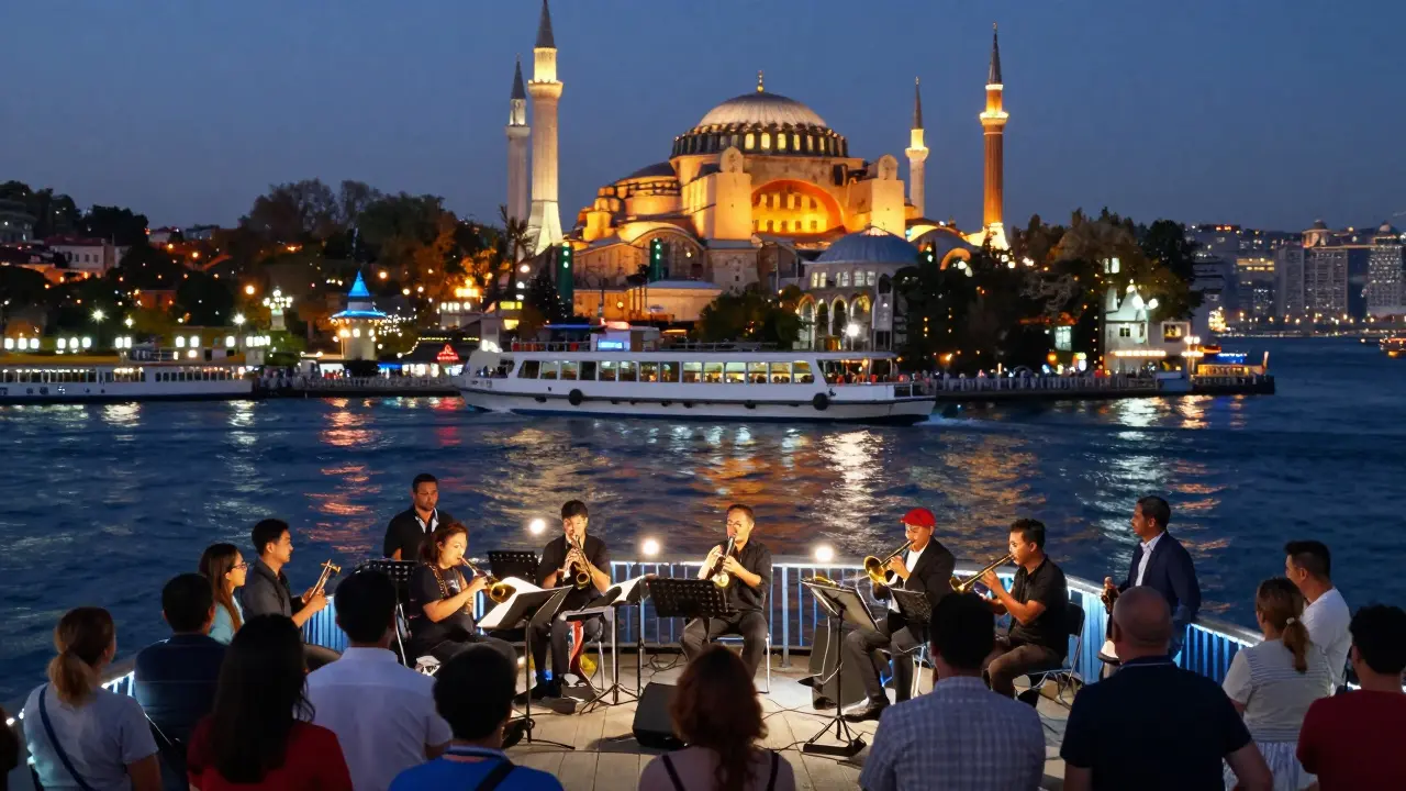Musicians performing on Galata Bridge at midnight as ferries pass below, city lights reflecting on water.
