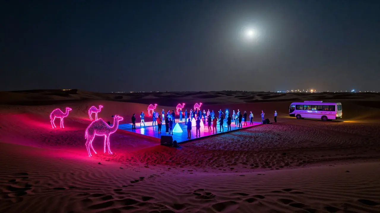 Neon-lit desert dance party under the stars with glowing camels and dancing crowds.