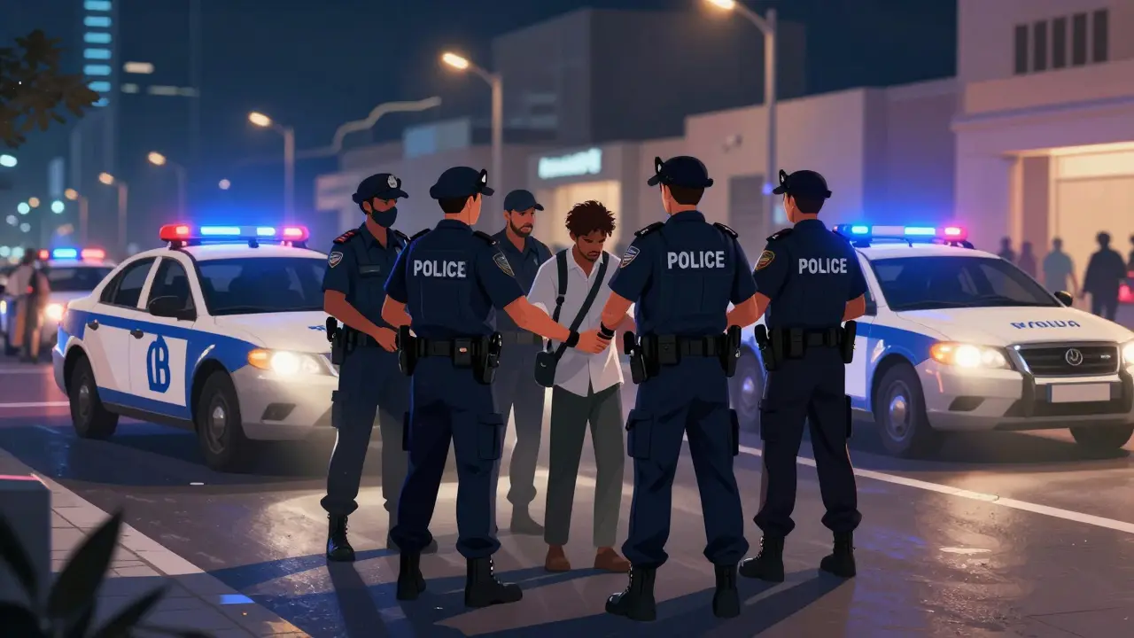 Police officers detaining tourist in Abu Dhabi city street at night