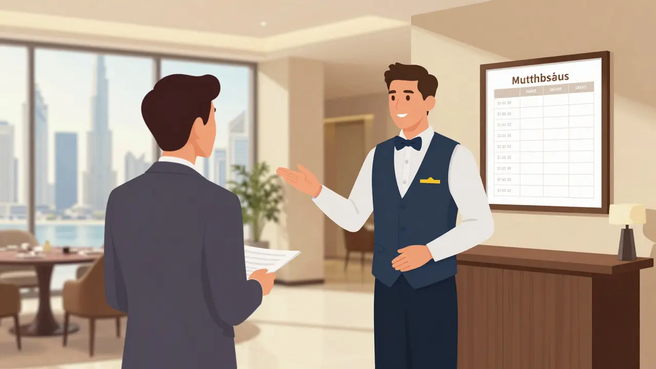 Professional concierge assisting business traveler in luxury hotel lobby