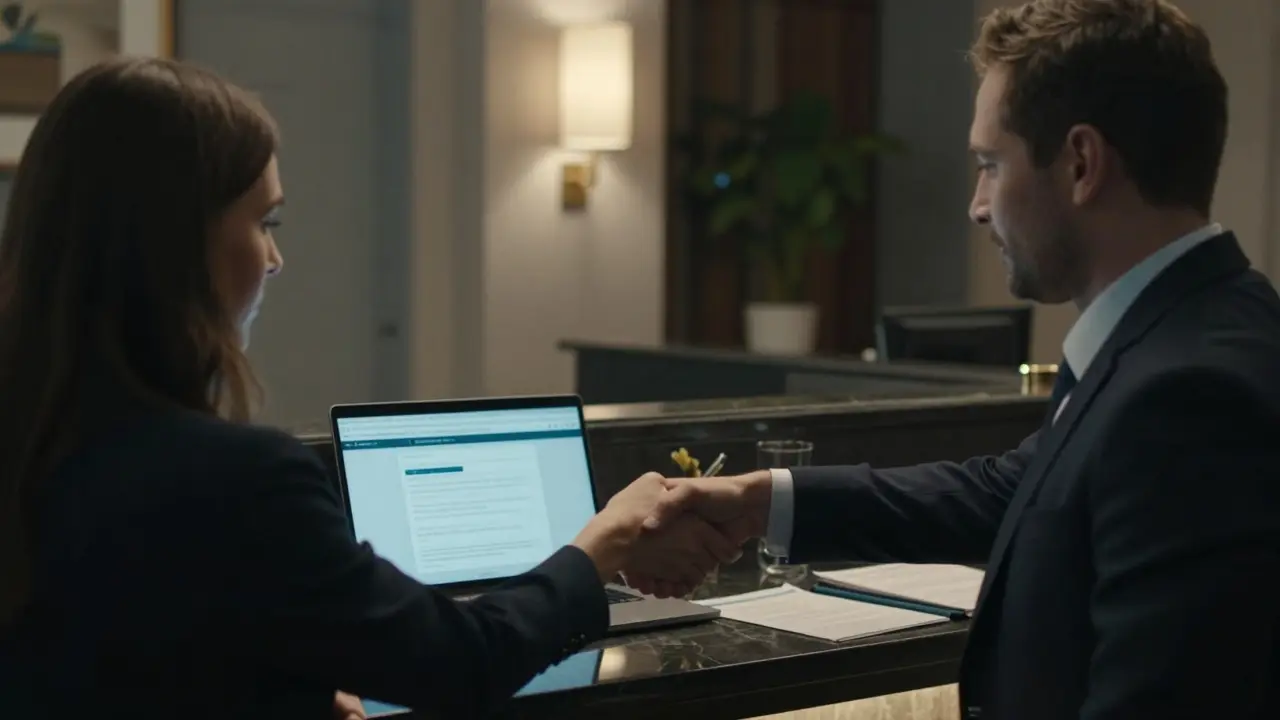 Professional interaction at Berlin hotel reception confirming booking details.