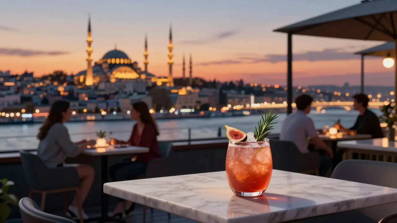 Rooftop bar at sunset with panoramic view of Istanbul's minarets and Bosphorus skyline.