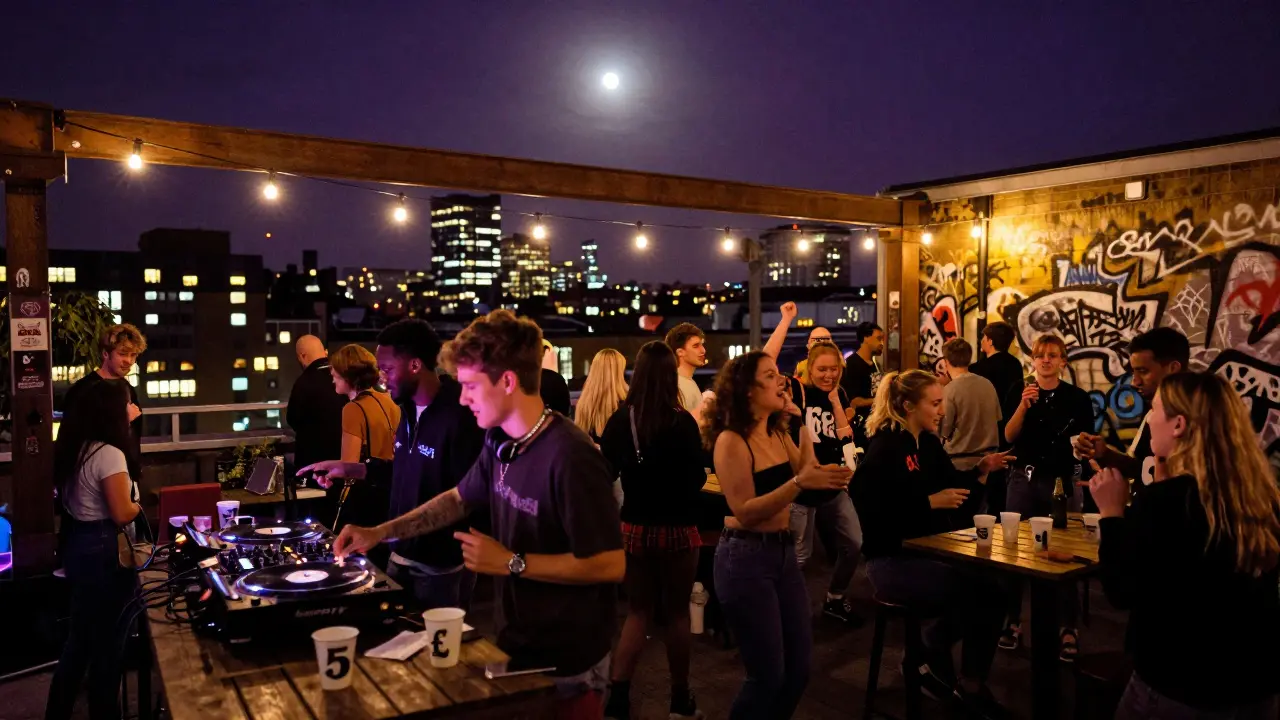Rooftop club at Peckham Levels with people dancing under string lights, London skyline glowing in the background.