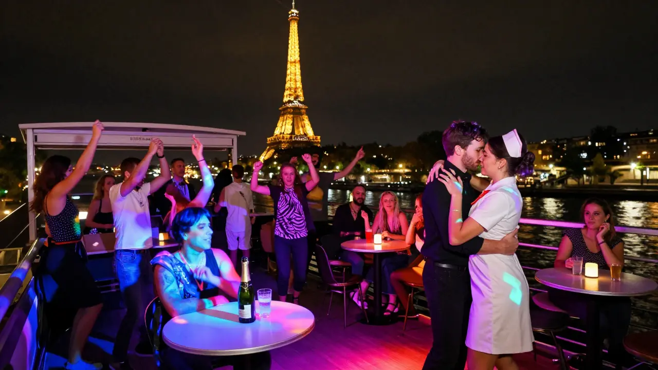 Rooftop karaoke on a Seine barge with Eiffel Tower glowing behind dancers celebrating a duet.