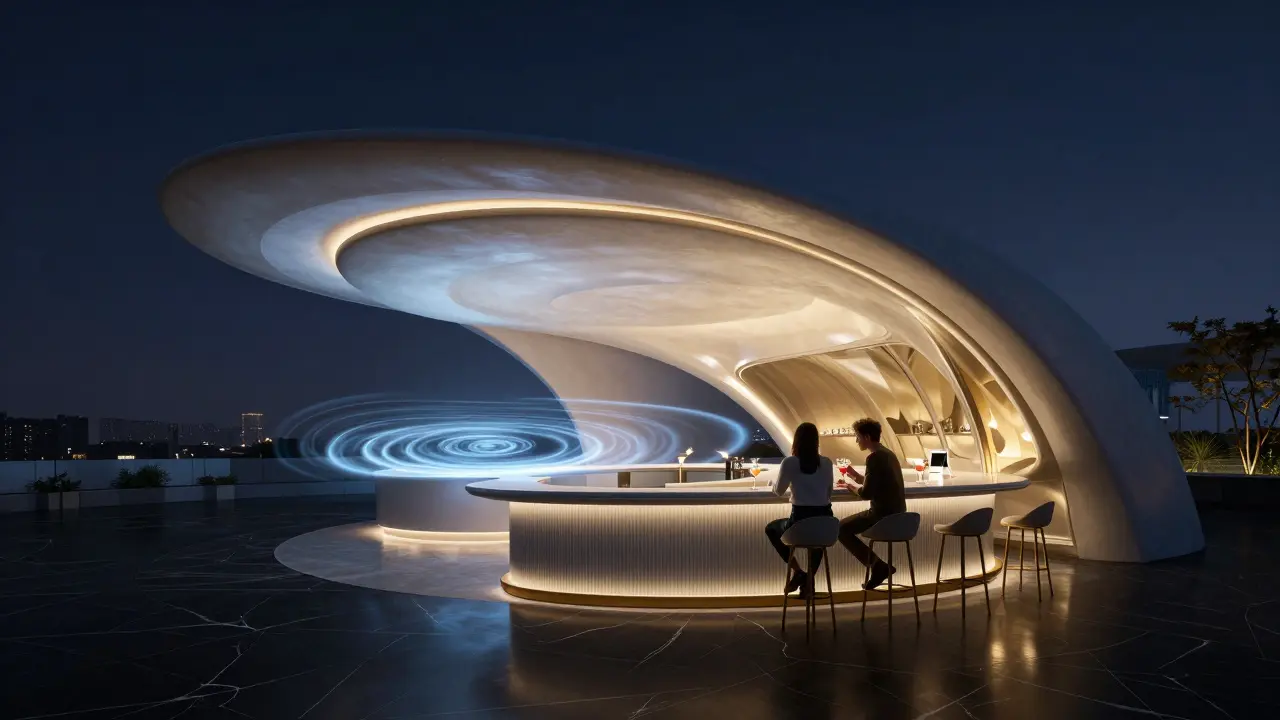 Sculptural rooftop bar with fluid architecture and soft glowing lights, couple enjoying cocktails.