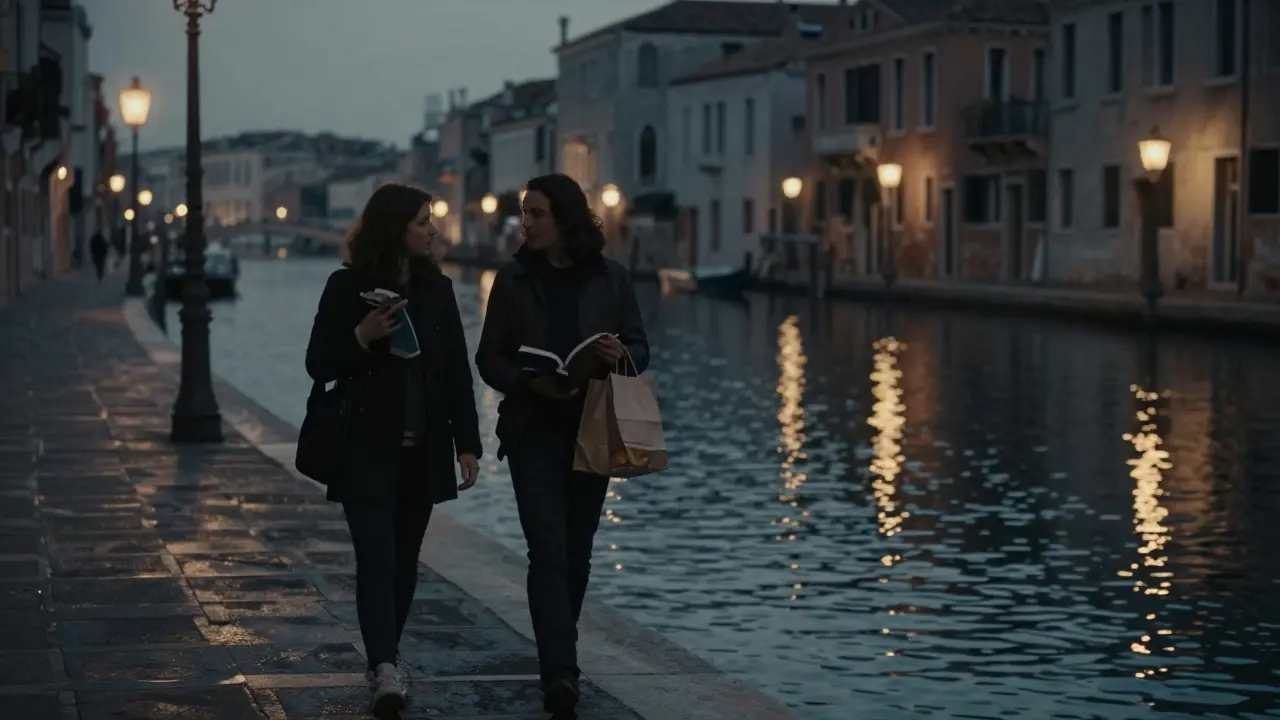 Silhouetted figures walking along a moonlit canal in Milan, lanterns glowing softly on the water.